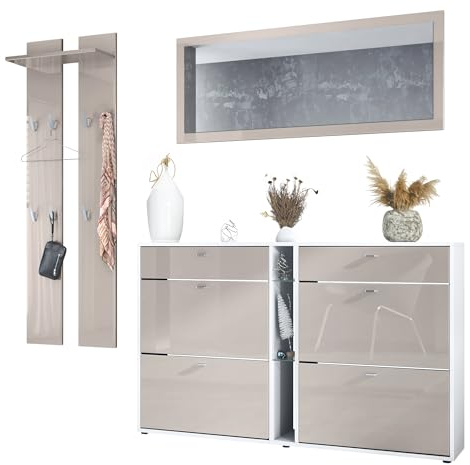 Vladon Garderoben-Set Orlando mit Schuhschrank, Made in Germany, Wandpaneel und Wandspiegel, Weiß matt/Sandgrau Hochglanz