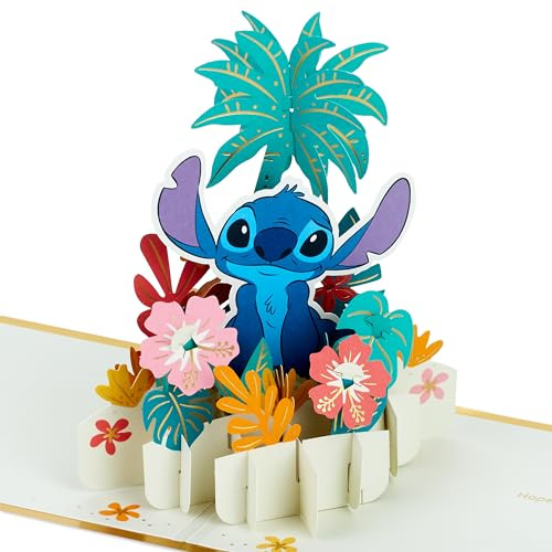 Hallmark Disney Lilo & Stitch Carte pop-up 3D et pop-up pour toutes les occasions, avec motif fleurs hawaïennes, anniversaire, fête des pères, fille, fils, petite-fille, petit-fils, doré