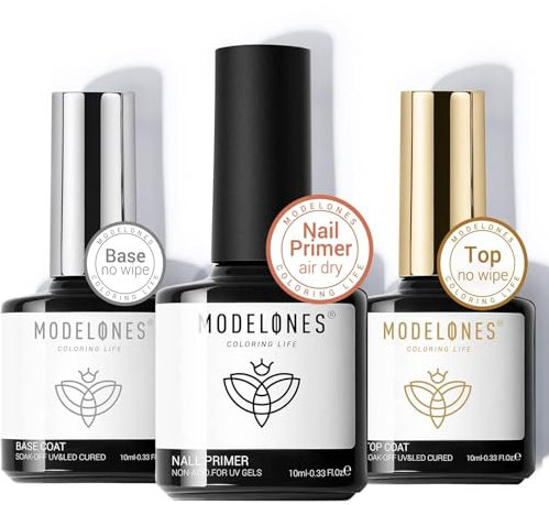 Modelones Gel Top Coat and Base Coat with Nail Primer Set, 3Pcs 10 ml No Wipe Base and top coat Gel Nail Polish Nail Bond Primer New Upgraded Formula Long-Lasting Base Gel