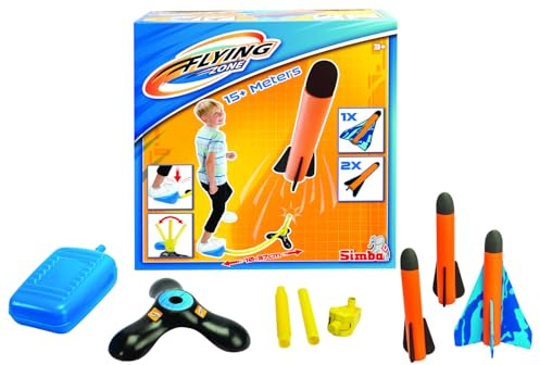 Simba 107206198 Super Stomp Set de Lanzamiento Ajustable, accionamiento de Aire, con 2 Cohetes y 1 avión, Cada uno de 20 cm de Longitud, a Partir de 3 años