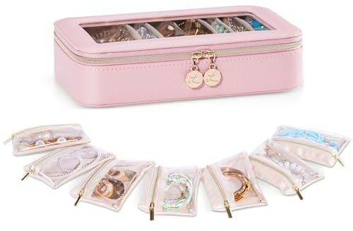 Lolalet 8 in 1 Travel Jewelry Case with Velvet Pouches, Clear Window Travel Jewelry Organizer Bags for Earrings, Bracelets, Necklaces and Rings, Compact Jewelry Storage for Women Girls -Pink, 7PCS