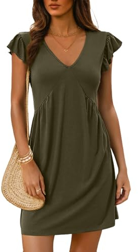 Dokotoo Vestidos de verano para mujer, vestido de playa para mujer, a la moda, línea imperio dorado, cintura alta, volantes, manga corta, cuello en V profundo, color sólido, vestido de primavera