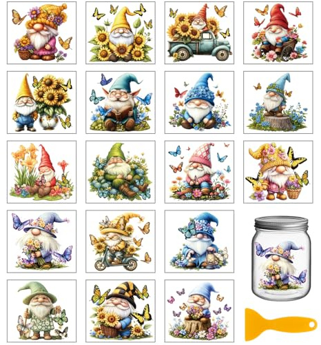 GLOBLELAND 18 Sheets Gnome Rub on Transfer 3.9x3.6inch Colorful Daisy Butterfly Vase Home Decals Flowers Dwarf Cup Transfer Stickers for Furniture Vase Glass Art Crafts Decorations