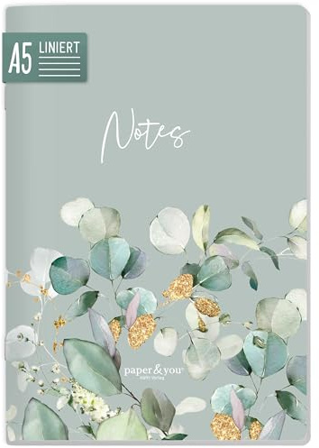 Häfft paper&you® anteckningsbok Classic A5, linjerad Minty Leaves | Perfekt för skolan och kontoret: 64 linjerade, numrerade sidor av 90 g/m²-papper, mjukt omslag och rundade hörn