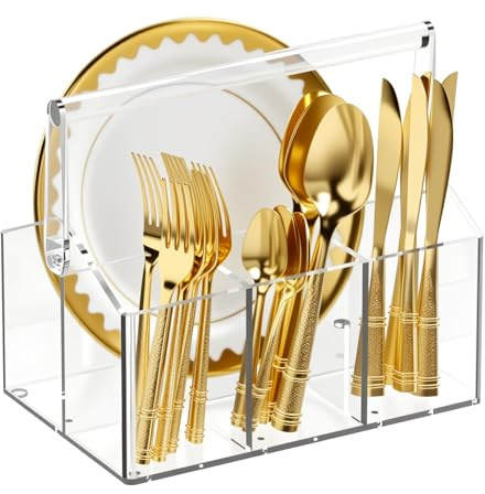 ZoeQide Cestino portaposate in acrilico con 4 scomparti – Porta posate in plastica trasparente per cucina buffet party – Organizzatore portaposate con manico per piatti, posate tovaglioli