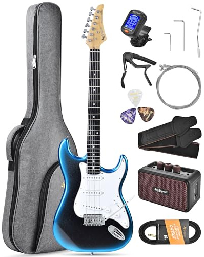 Leo Jaymz Beginner Electric Guitar 39” Kit with Portable Amplifier, Padded Gig Bag, Digital Tuner，Capo，Strap，Picks，Classic SSS Pickups (Blue-Black Fade-SSS)
