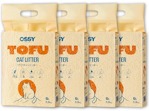 Arena de Tofu para Gatos OSSY X4 10Kg 24L Arena Super Aglomerante Desechable por WC Sin químicos Sin Fragancias Artificiales Libre de Polvo 5 Etapas de Filtrado Control Olores Natural.