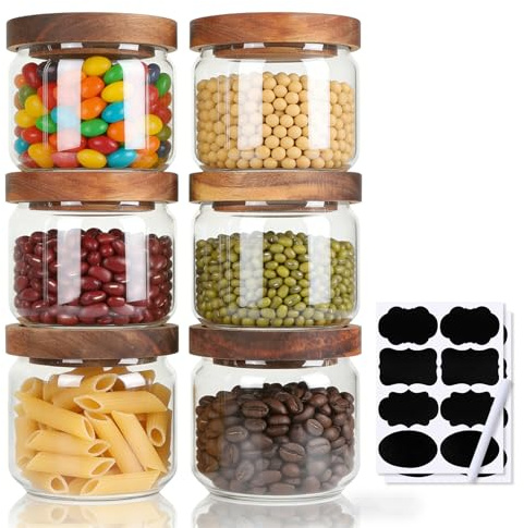 efuturetime Set med 6 hermetiska glasburkar med trälock, 350 ml, stapelbara glasburkar, köksförvaringsburkar för müsli, flingor, cornflakes, te, pasta, bönor, kryddor