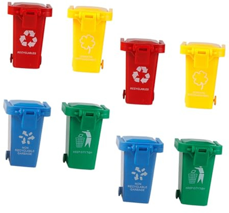 Veemoon Lot de 8 Poubelles pour Garçon et Filles Couvercle Rabattable et roulettes, Plastique Coloré, Mini Taille, Tri Déchets Éducatif pour Éveil et Apprentissage des Tout-Petits