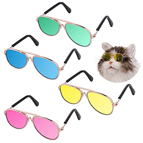 Molain Lot de 4 Paires de Lunettes de Soleil en Forme de Chat - Protection UV Classique Rétro pour Petit Chien, Fête Déguisement, Accessoires Photo, Lunettes d'aviateur