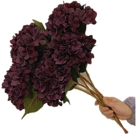 Baitang 5pcs Artificial Retro Color Hydrangea Flower Branch Faux Hydrangea Macrophylla for Wedding Centerpieces Home Party Floral Arrangement (Dark Red)