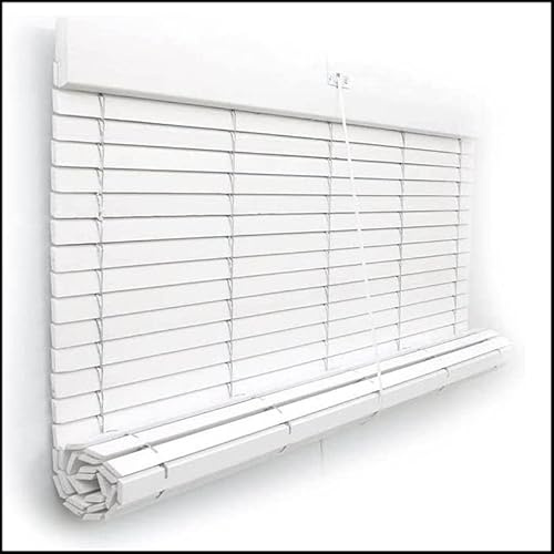 Persiana Alicantina arrotolabile su misura in legno, colore bianco, freno e puleggia metalliche, Pertoni TENDE (larghezza 60 cm x 140 cm (lunghezza)