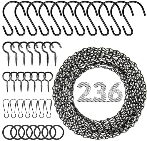 Metallkette zum Aufhängen, 600 cm, schwarze Ketten zum Aufhängen von Pflanzen, 12 × S-Haken, 12 × Schnallen, 12 × Ringe, 24 × Schraubhaken für Vogelfutterstation, Pflanzgefäß, Laterne, Windspiel,