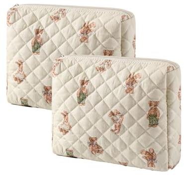 Quilted Cotton Makeup Bag 2Pcs Coquette Cosmetic Bag,Large Soft Floral Travel Toiletry Bag for Women and Girls (01Bear)