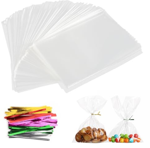 AIVEKE 100 Piezas Bolsas de Celofán -15 x 25 cm Bolsas de Regalo Transparentes Bolsas de Caramelo con 100 Cintas Metálicas para Caramelos Galletas Pan Chocolates