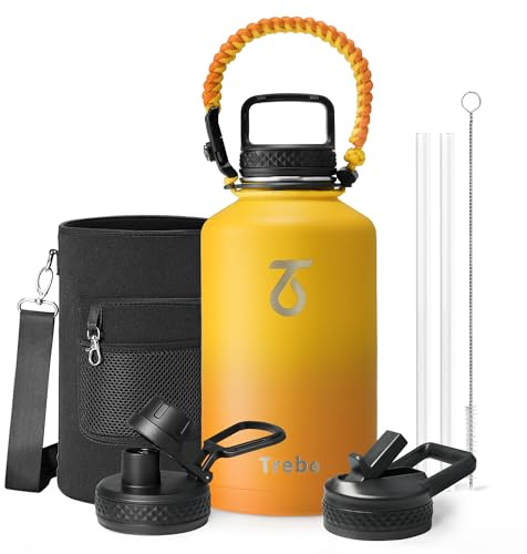 Trebo Insulated Water Bottle 2 L, Half Gallon Metal Vacuum Water Jug with Paracord Handle and 3 Lids, Leakproof BPA-Free Water Flask for Gym Sports Hiking Travel, Keep Cold 48 Hours, Orange