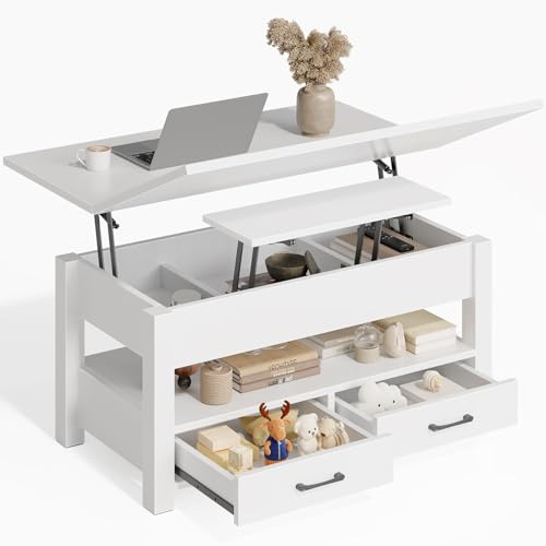 Rolanstar Höhenverstellbarer Couchtisch mit 2 Schubladen, 100 x 50 cm Wohnzimmertisch aus Holz,Platzsparend & Einfach Montiert für Schlafzimmer, weiß