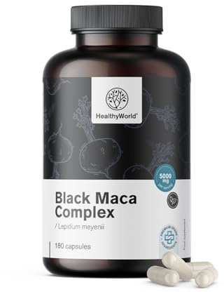 HealthyWorld Schwarze Maca-Komplex 5000 mg - 180 Pflanzenkapseln - 6 Monatsvorrat - mit sibirischem Ginseng, L-Arginin, schwarzem Pfeffer und Zink