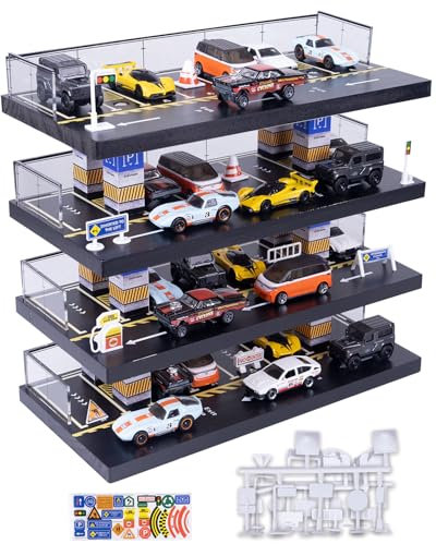 Hot Direct Wheels Dispaly Case,1/64 Scale Diecast Toy Car Storage, Parking Garage Diorama - Freestanding Storage with 4 Levels 24 Spots Maximum 40 Cars(Cars Not Included)