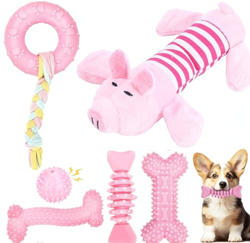 CAMITER Lot de 6 jouets de dentition interactifs pour chiots pour l'ennui, jouets à mâcher pour petits et grands chiens (rose)