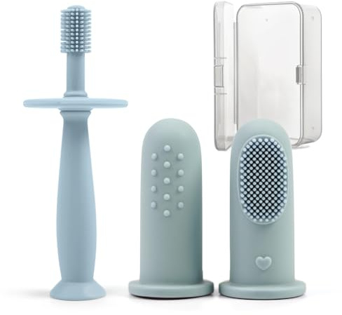 BumbleBee 360° Silicone Toothbrush & Finger Toothbrush Set - Soft Silicone Toothbrush for Baby, Infant Toddler - Baby Training Toothbrush Set Oral Care Kit - Misty Blue