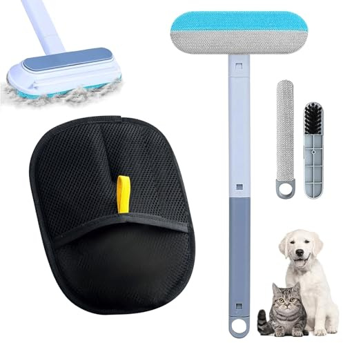 Lot 3-en-1 Gant Anti Poils Animaux + Brosse à Poils Longue Poignée, Gant Ramasse Poils Chat Chien Double Face, Antistatiques Réutilisables, Outil Élimination Poils pour Tapis, Vêtements, Fenêtres