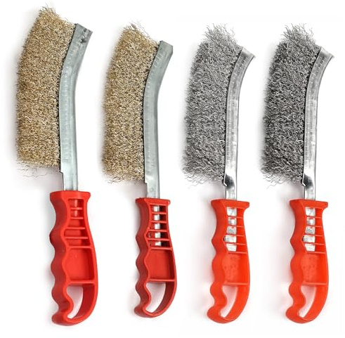 MOPUBZO 4 Pezzi Spazzola Acciaio con manico, Acciaio Inox + Acciaio al Carbonio + Ottone, Spazzola Ferro per La Pulizia di Vernice, Grasso Sporco, Ruggine, Sporco, Polvere
