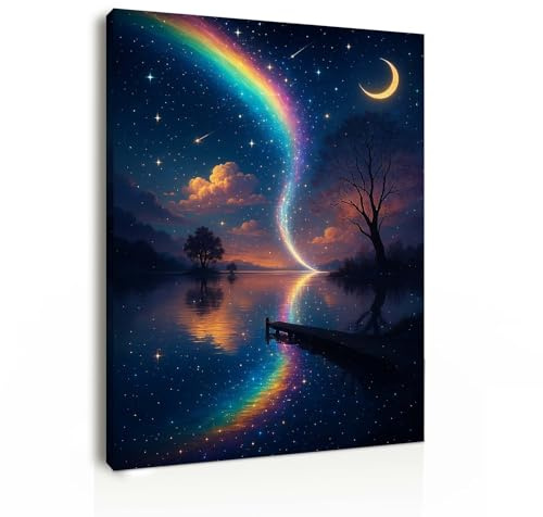 Canvas Wall Art 12x16 Inch Framed Night Sky Painting with Rainbow Moon and Stars Modern Wall Decoration for Living Room Bedroom Hallway and Stairs Artwork Wall Pictures with Hooks and Magic Tape