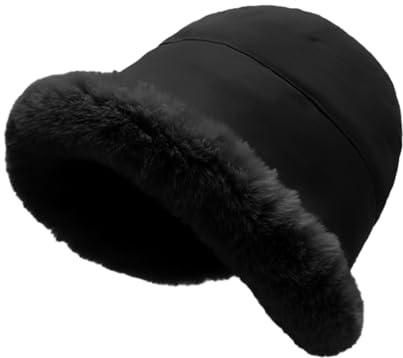crazy bean Sombrero de Pescador Invierno Elegante con Felpa Piel Sintética Gorro Pescador Peludo Felpa Suave Cálido Bucket Hat Negro