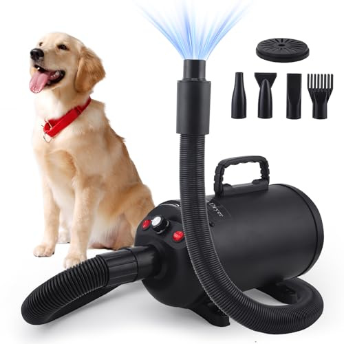 Eirolace Pulseur pour Chien Blower 5.2 CV / 3800 W, Souffleur de Soins pour Chien avec 4 Buses, Professionnel Sèche-Cheveux pour Animaux Vitesse et Température Réglables