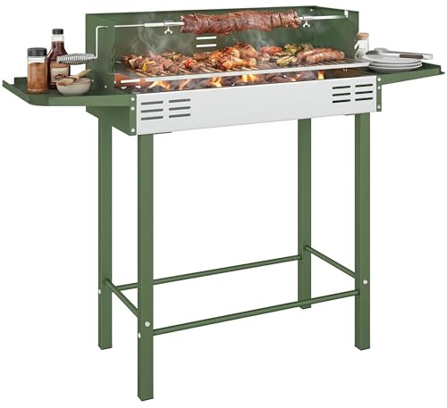 Parrilla giratoria para barbacoa Outsunny con asador de carbón para pollo y pavo, con rejilla de 3 niveles y estantes laterales plegables, acero inoxidable, verde oscuro.