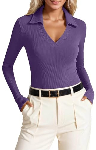 Maglietta a maniche lunghe da donna, elegante, scollo a V, a coste, slim fit, sottile, elasticizzata, per business, casual, a maniche lunghe, da lavoro, basic tinta unita