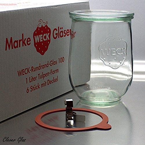 6 Weck tarros de conservas (, forma de tulipán 1,0 litros rr100 con accesorios, en caja original Weck Selección