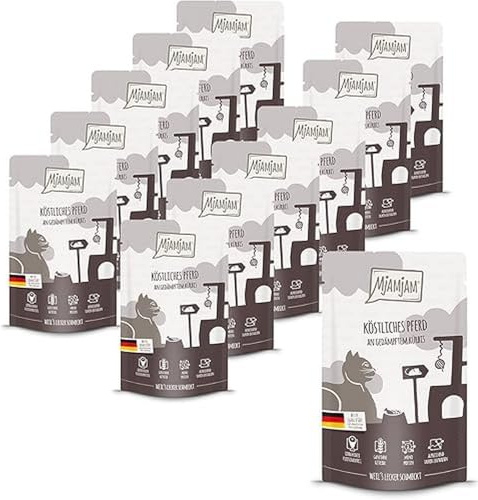 MjAMjAM - cibo umido premium per gatti - Quetschie - delizioso cavallo su zucca al vapore, confezione da 12 (12 x 125 g), senza cereali con carne extra