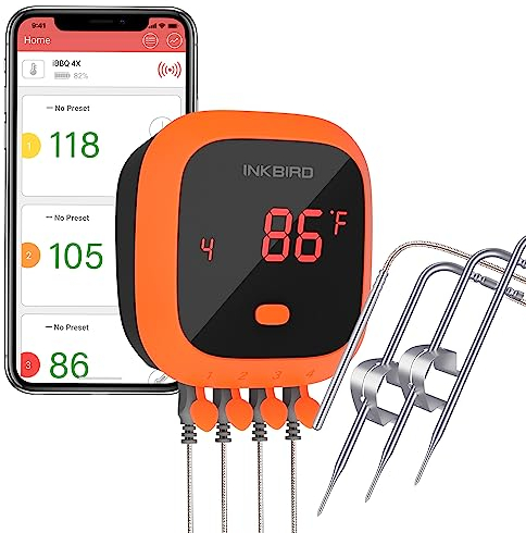 INKBIRD Termometro Carne Bluetooth Impermeabile con 4 Sonde,Telecomando Ricaricabile a Magnete con Allarme per Cucina,Affumicatori,Forno,Barbecue,Griglia