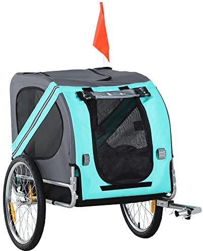 PawHut Rimorchio da Bicicletta per Cani e Gatti 2 Grandi Ruote da 50cm Buona Ventilazione Bandiera di Sicurezza Resistente alle Intemperie Azzurro e Grigio Acciaio e Tessuto Oxford