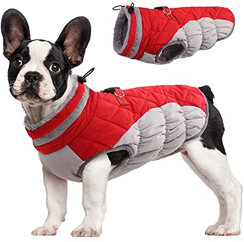 FUAMEY Dog Coat for Medium Dogs,Waterproof Dog Winter Jacket with Harness Built in Puppy Cold Weather Coats Reflective Pet Vest with Zipper Warm Fleece Dogs Snowsuit Windproof Red M