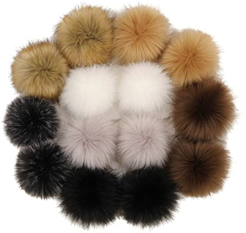Boule de pompon en fausse fourrure avec bouton-pression Pompon doux et moelleux amovible pour chapeaux, chaussures, écharpes, accessoires de bonnet à tricoter, couleur neutre, 14 pièces