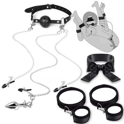 SM Sex Bondage Handschellen - Fesseln SexSpielzeug mit Knebel, Mundknebel, Nippelklemmen, Klitoris Clip, Augenmaske, Anlplug - BDSM Bondage Set für HundSklave - Fessel mit Handschellen & Fußfesseln