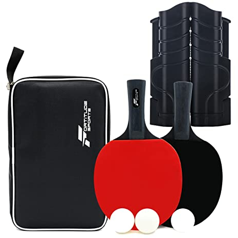 Fortitude Sports Tischtennis-Set mit Netz | Ping Pong Set mit 2 Schlägern, 3 Bällen und tragbarem Tischtennisnetz | Tischtennisschläger und Bälle mit einziehbarem Netz für Esstisch (Schwarzes Netz)