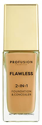 Profusion Cosmetics Flawless 2-In-1 Foundation and Concealer, Full Coverage | Warm Caramel Skin Tone, Creamy Multi-Tasker, Blendable, Natural Finish, Seamless Glow, Vegan and Cruelty-Free, Golden Tan