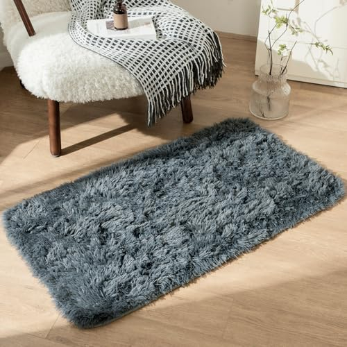 OMERAI Grey Rug for Living Room and Bedroom - Anti-Slip, Fluffy, Faux Fur, Velvet Thick Plush Shaggy Area Rug - Modern Floor Mat for Home Decor (60X110cm)