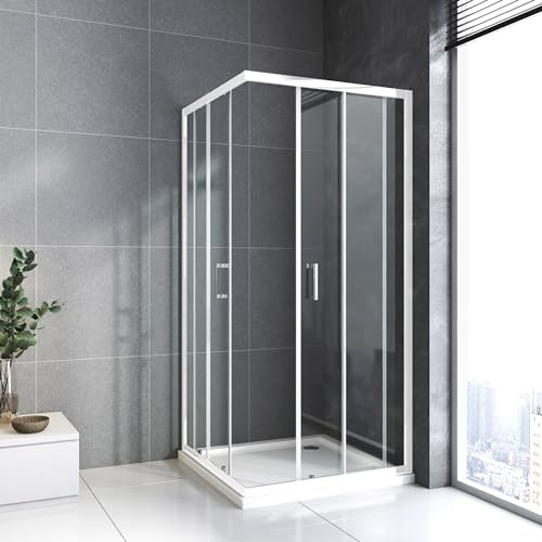 Duschkabine 75 x 90 x 185 cm ESG-Glas Duschabtrennung komplett mit Nano, Eck-Dusche mit Doppel Schiebetür flexible Montage Duschkabine Schiebetür Weiß