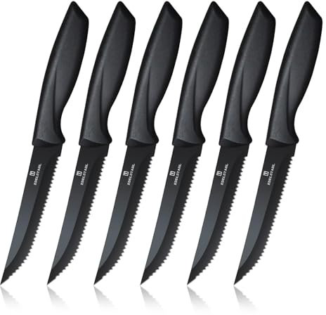 targzier Steak Knives Set of 6,Stainless Steel Steak Knives,Sharp Serrated Edge Steak Knife Set,Stain&Rust Resistant Steak Knife,Kitchen Steak Knife Set with Ergonomic Handle,Dishwasher Safe,Black