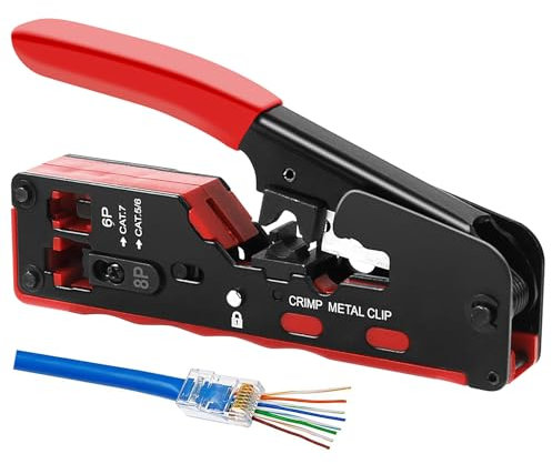 GOTMEET RJ45 Crimpzange, Pass Through Ethernet Presszange für Netzwerk Cat5 Cat6 Cat7 Modular Steckverbinder, RJ11 RJ12 Telefonstecker