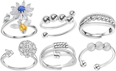 Generisk kvinnors fidgetring, snurrring, 6 stycken kvinnor fidget relaxing ring spinner smycken, enkel modesmycke pärldekoration, roterande ringar för samling och arbete, se beskrivning, Koppar, Se