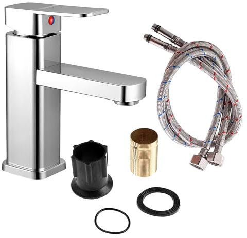 Grifo Mezclador lavabo (Cromado) Grifo Monomando Grifo Baño Negro Grifos para Lavabo Silencioso Antigoteo Grifos para Lavabos. ACERO Inoxidable Incluye Manguera Instalación Resiste Altas Temperaturas