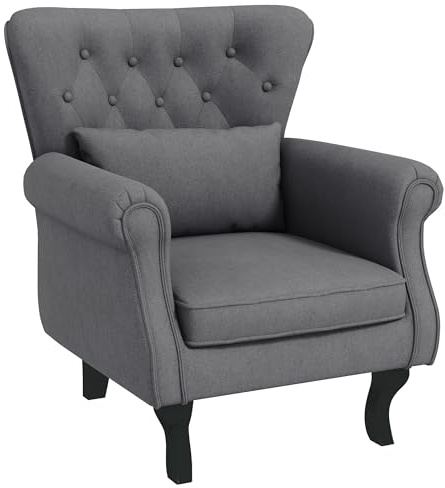 HOMCOM Poltrona da Salotto Stile Vintage, Poltroncina Imbottita con Braccioli, Schienale, Cuscino Lombare e Rivestimento in Tessuto, per Camera e Soggiorno, Grigio Scuro