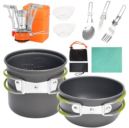 Herbst Set di pentole da campeggio, 11 pezzi, set di stoviglie da campeggio, con mini fornello da campeggio, pentola pieghevole a gas e posate pieghevoli, panni per la pulizia all'aperto e picnic