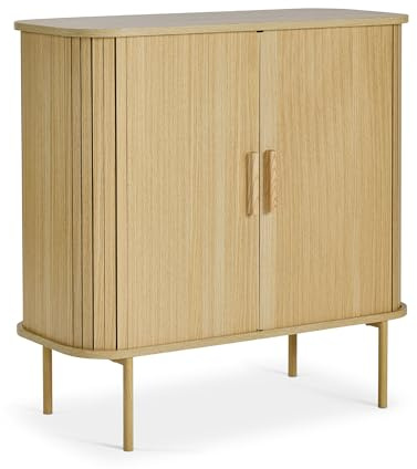 VonHaus Sideboard for Living Room - Tambour Cupboard with Sliding Doors & 3 Shelves - Modern Scandi Look Living Room Storage Cabinet - Light Wood Effect Slatted Side Board for Hallway - Landos